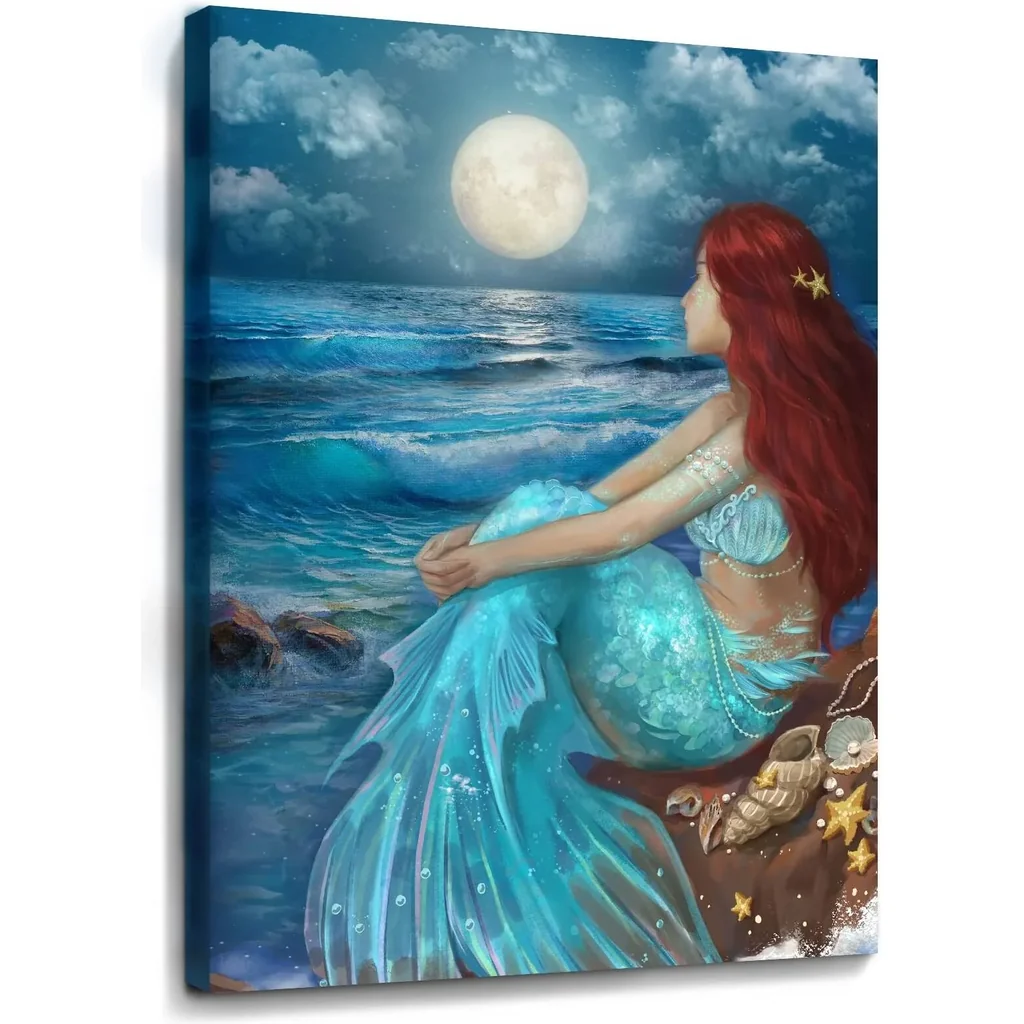ALAYRA Wall Art for Living Room Bedroom Wall Decor Blue Canvas Prints Moon Night Artwork 24"x 36" Girls Room Decor 01