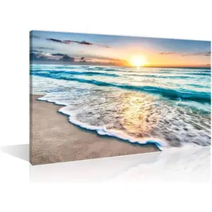ALAYRA Wall Art for Living Room White Beach Canvas Art Wall Decor Blue Sea Sunset Pictures Print on Canvas Natural Landscape Painting Seascape Modern Artwork Stretched Framed Ready to Hang - 12" x 18"