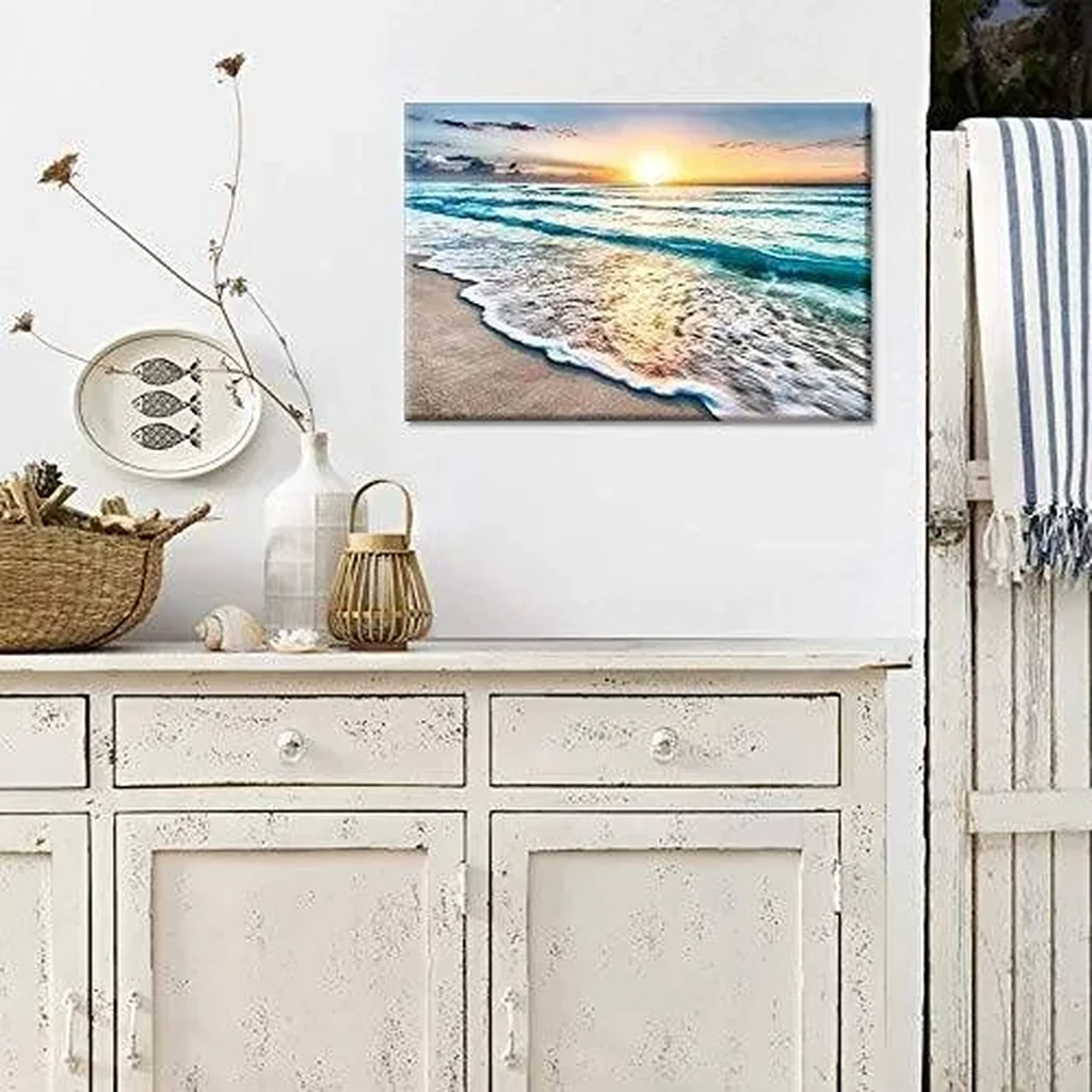 ALAYRA Wall Art for Living Room White Beach Canvas Art Wall Decor Blue Sea Sunset Pictures Print on Canvas Natural Landscape Painting Seascape Modern Artwork Stretched Framed Ready to Hang - 12" x 18" - Image 2