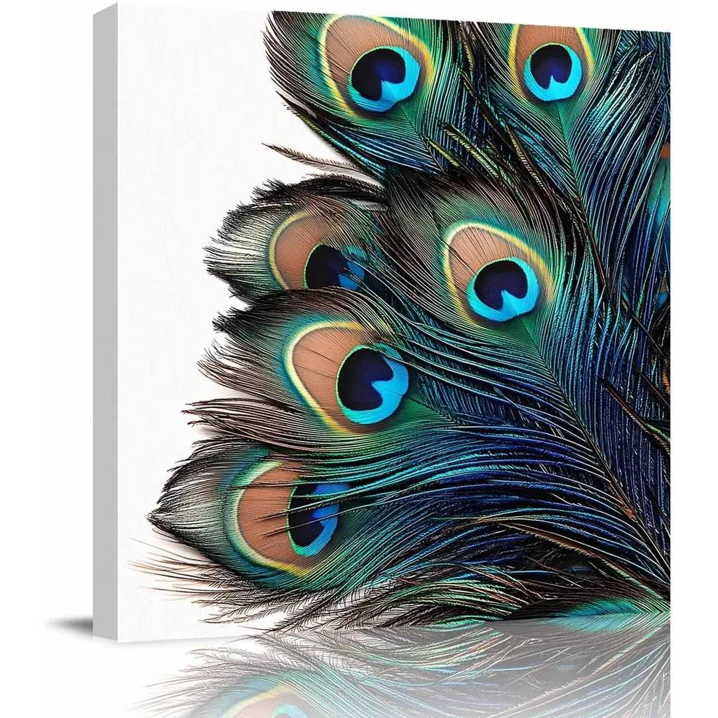 ALAYRA Wall Art Oil Paintings on Canvas Print Peacock Feather Arts Office Artwork Home Decoration Living Room Bedroom Bathroom Giclee Walls Decor, Wooden Framed Ready to Hang 20x20in 01