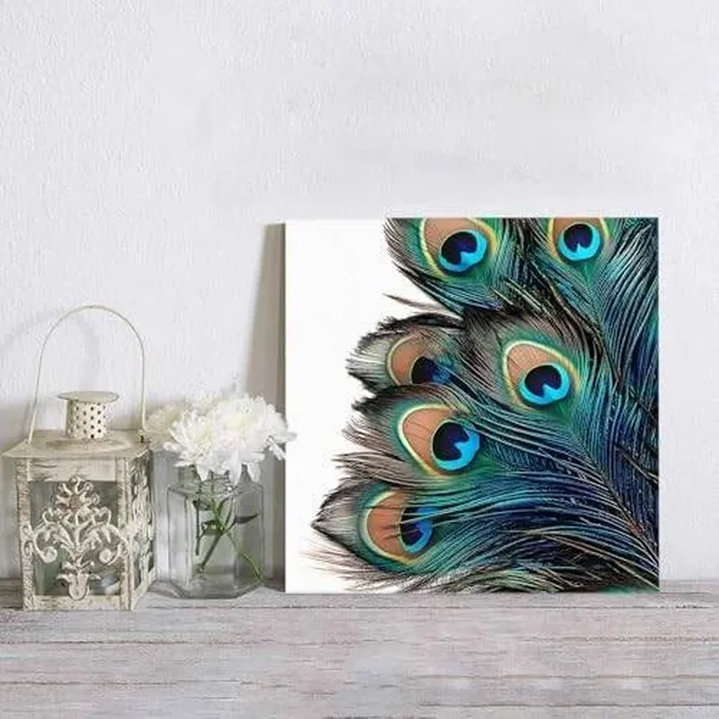 ALAYRA Wall Art Oil Paintings on Canvas Print Peacock Feather Arts Office Artwork Home Decoration Living Room Bedroom Bathroom Giclee Walls Decor, Wooden Framed Ready to Hang 20x20in 01 - Image 2