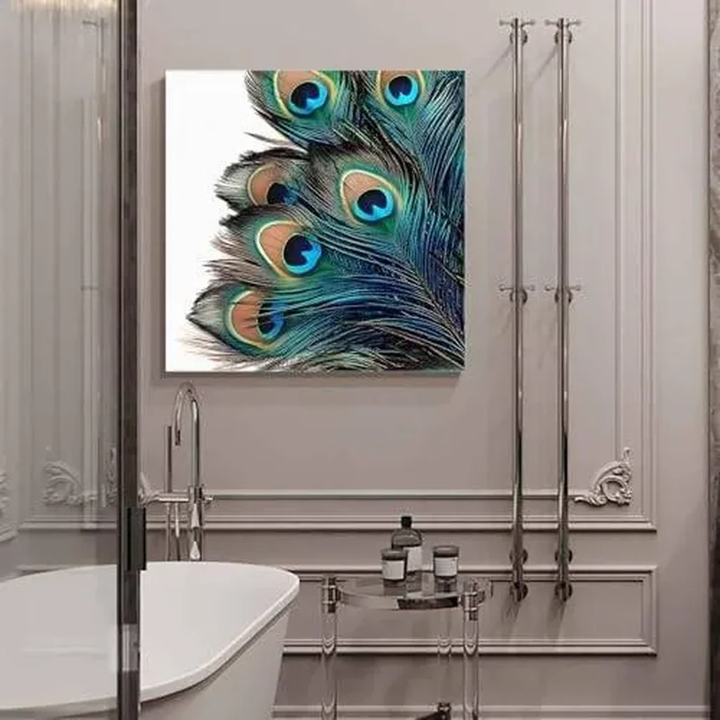 ALAYRA Wall Art Oil Paintings on Canvas Print Peacock Feather Arts Office Artwork Home Decoration Living Room Bedroom Bathroom Giclee Walls Decor, Wooden Framed Ready to Hang 20x20in 01 - Image 3