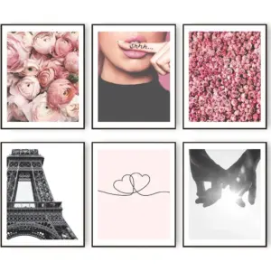 ALAYRA Wall Art Prints Paris Decor for Bedroom Pink Flower Wall Decor Line Minimalist Heart Shaped Love Holding Hands Poster Fashion Paris Photography Pictures Room Decor (11"x14" UNFRAMED) 01