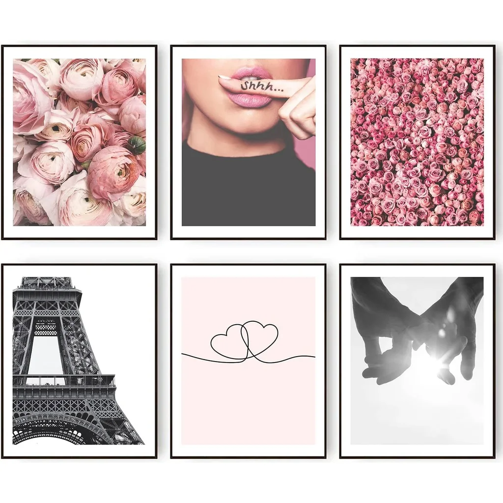ALAYRA Wall Art Prints Paris Decor for Bedroom Pink Flower Wall Decor Line Minimalist Heart Shaped Love Holding Hands Poster Fashion Paris Photography Pictures Room Decor (11"x14" UNFRAMED) 01