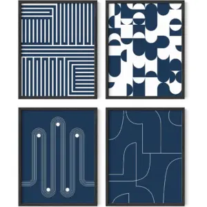 ALAYRA Wall Art Set of 4 - Abstract Blue Art Prints, Navy Blue Poster, Unframed 11x14 for Bathroom, Bedroom, Living Room, Kitchen, Office 01