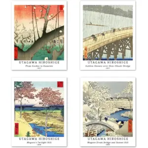 ALAYRA Wall Art Unframed Prints Giclee Art Paper Set of 4, 11x14 inch Japanese Ukiyo-e Artwork, Bathroom Decoration Aesthetic Rustic Nature Colorful Wilderness Elegant Utagawa Hiroshige Poster 01