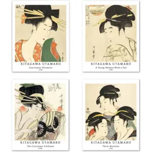 ALAYRA Wall Art Unframed Prints Giclee Art Paper Set of 4, 11x14 inch Japanese Ukiyo-e Artwork, Office Decoration Elegant Women Portrait Illustrations Unique Gift Kitagawa Utamaro Prints 01