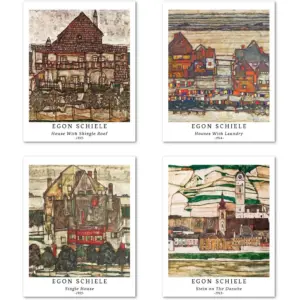 ALAYRA Wall Art Unframed Prints Giclee Art Paper Set of 4, 11x14 inch Landscape Artwork, Bedroom Decoration Brown Abstract Antique Illustrations Geometric House Egon Schiele Paintings 01