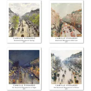 ALAYRA Wall Art Unframed Prints Giclee Art Paper Set of 4, 11x14 inch Landscape Artwork, Livingroom Decoration Dark Night Seasons Autumn Realism Cityscape Great Present Camille Pissarro Posters 01