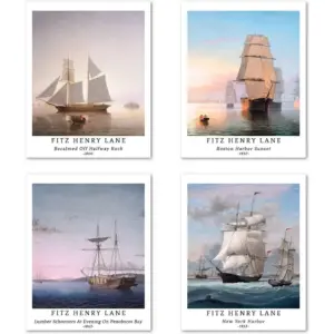 ALAYRA Wall Art Unframed Prints Giclee Art Paper Set of 4, 8x10 inch Classical Landscape Artwork, Bedroom Decoration Boat Illustrations Sunset Scenery Seascape Frameless Fitz Henry Lane Poster 01