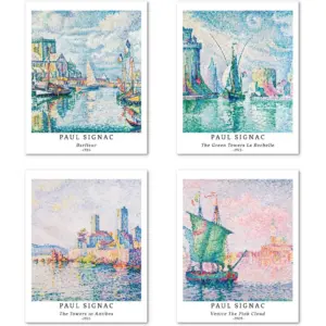 ALAYRA Wall Art Unframed Prints Giclee Art Paper Set of 4, 8x10 inch Landscape Artwork, College Decoration Illustrations Sunset Cityscape Rustic Frameless Prints Paul Signac Paintings 01