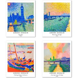 ALAYRA Wall Art Unframed Prints Giclee Art Paper Set of 4, 8x10 inch Landscape Artwork, Home Decoration Vintage MultAesthetic Pink Cityscape Seascape Birthday Gift Andre Derain Prints 01