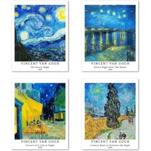 ALAYRA Wall Art Unframed Prints Giclee Art Paper Set of 4, 8x10 inch Landscape Artwork, Indoor Decoration Teal Starry Night Pop Traditional Painting Great Gift Vincent Van Gogh Prints 01