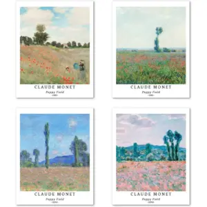 ALAYRA Wall Art Unframed Prints Giclee Art Paper Set of 4, 8x10 inch Landscape Artwork, Office Decoration Elegant Spring Scenery Tree Minimalist Cloud Fashion Poppy Field Paintings 01