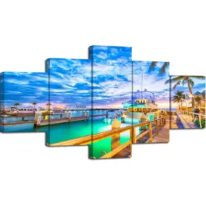 ALAYRA Wall Decor Sunset over Key West, Florida Picture Canvas Art HD Print Wooden Bridge at the Port Wall Art Painting for Office Living Room Decoration Poster with Fra Ready to Hang(60''Wx32''H) 01