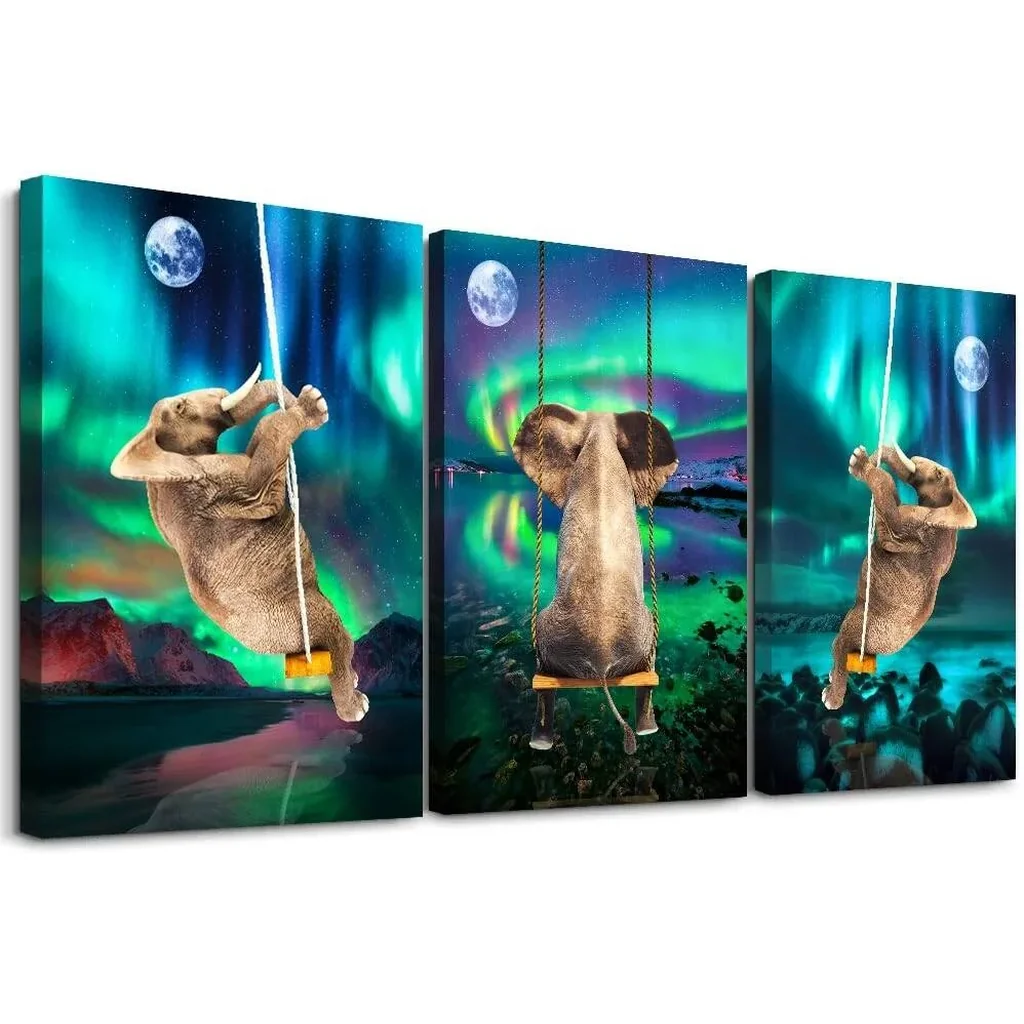 ALAYRA Wall Decorations For Bedroom 3 Piece Framed Canvas Wall Art For Living Room Fashion Office Wall Decor Aurora Scenery Wall Painting Elephant Pictures Artwork For Room Posters Art Home Decor 01
