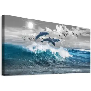 ALAYRA Wall Decorations For Living Room Large Size Canvas Wall Art For Bedroom Blue Waves Of The Sea Wall Pictures Artwork Modern Office Canvas Art Print Dolphins Wall Paintings Ready To Hang Home Dec