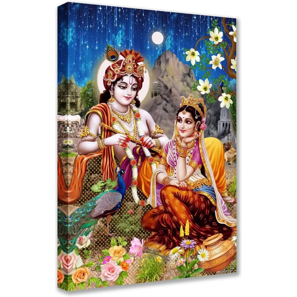 ALAYRA Wall Pictures for Bedroom Lord Radha Krishna Paintings 1 Panel Canvas Indian God Mythologycal Art Hinduism Contemporary Artwork Home Decor for Living Room Giclee Framed Ready to Hang 16"x24" 01