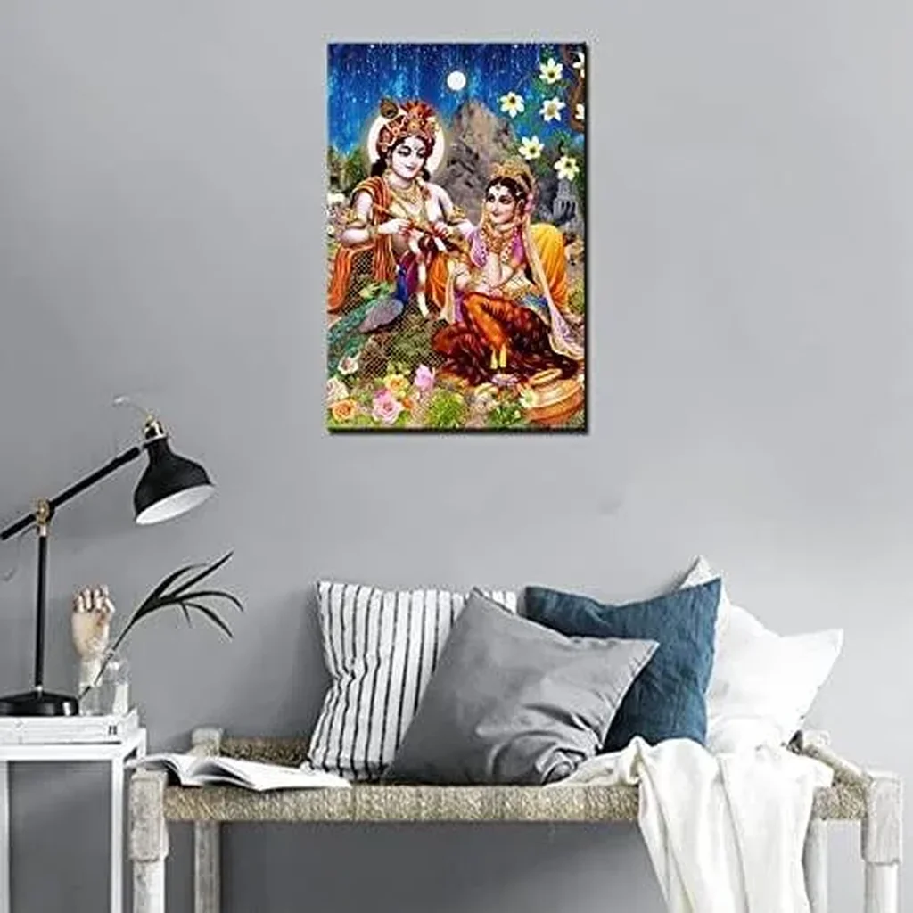 ALAYRA Wall Pictures for Bedroom Lord Radha Krishna Paintings 1 Panel Canvas Indian God Mythologycal Art Hinduism Contemporary Artwork Home Decor for Living Room Giclee Framed Ready to Hang 16"x24" 01 - Image 2