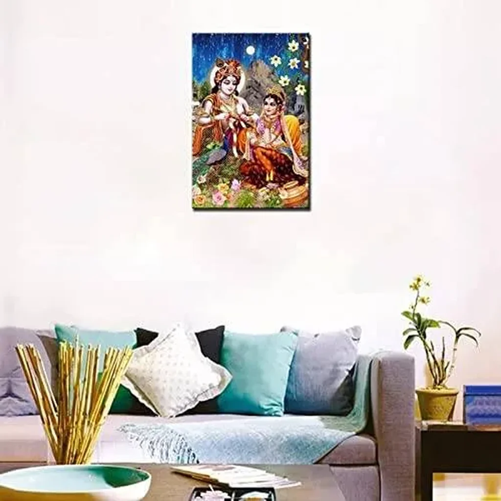 ALAYRA Wall Pictures for Bedroom Lord Radha Krishna Paintings 1 Panel Canvas Indian God Mythologycal Art Hinduism Contemporary Artwork Home Decor for Living Room Giclee Framed Ready to Hang 16"x24" 01 - Image 3