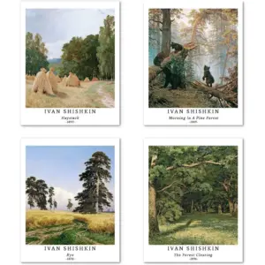 ALAYRA Wall Unframed Prints Giclee Paper Set of 4, 11x14 inch Classical Landscape work, Kitchen Decoration Aesthetic Botanical Spring Hills Field Forest Rural Frameless Ivan Shishkin Print 01