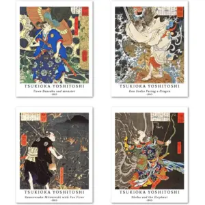ALAYRA Wall Unframed Prints Giclee Paper Set of 4, 11x14 inch Japanese Ukiyo-e work, Bedroom Decoration Beautiful Vintage MultPosters Myths and Legends Tales Tsukioka Yoshitoshi Painting 01