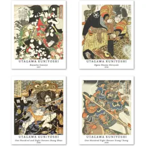 ALAYRA Wall Unframed Prints Giclee Paper Set of 4, 11x14 inch Japanese Ukiyo-e work, Kitchen Decoration Beautiful Illustrations Water Margin Story, Heroes of the Marshes, Utagawa Kuniyoshi Prints 01