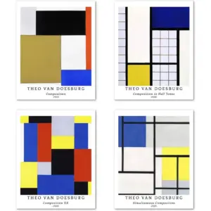 ALAYRA Wall Unframed Prints Giclee Paper Set of 4, 8x10 inch Abstract Geometric work, College Decoration MultComposition Theme Trendy Theo Van Doesburg Prints 01