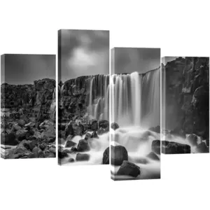 ALAYRA Waterfall Giclee Canvas Prints Wall Art Paintings for Home Decorations - Black and White Rocky Large 4 Piece Modern Gallery Wrapped Grace Seascape Sea Beach Pictures Artwork Ready to Hang L 01