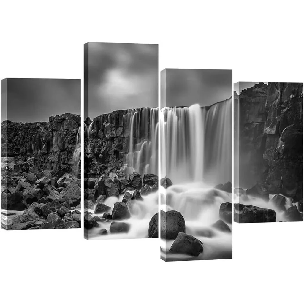 ALAYRA Waterfall Giclee Canvas Prints Wall Art Paintings for Home Decorations - Black and White Rocky Large 4 Piece Modern Gallery Wrapped Grace Seascape Sea Beach Pictures Artwork Ready to Hang L 01