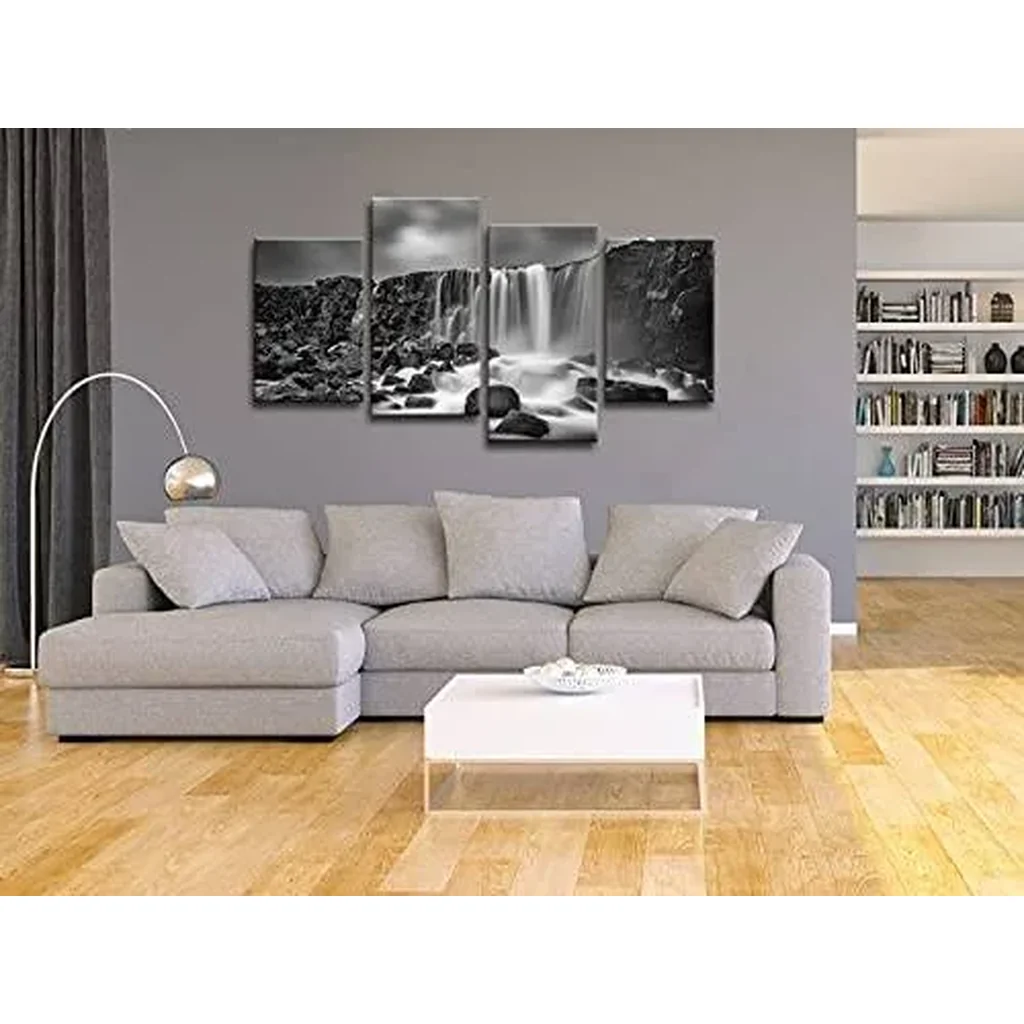 ALAYRA Waterfall Giclee Canvas Prints Wall Art Paintings for Home Decorations - Black and White Rocky Large 4 Piece Modern Gallery Wrapped Grace Seascape Sea Beach Pictures Artwork Ready to Hang L 01 - Image 3