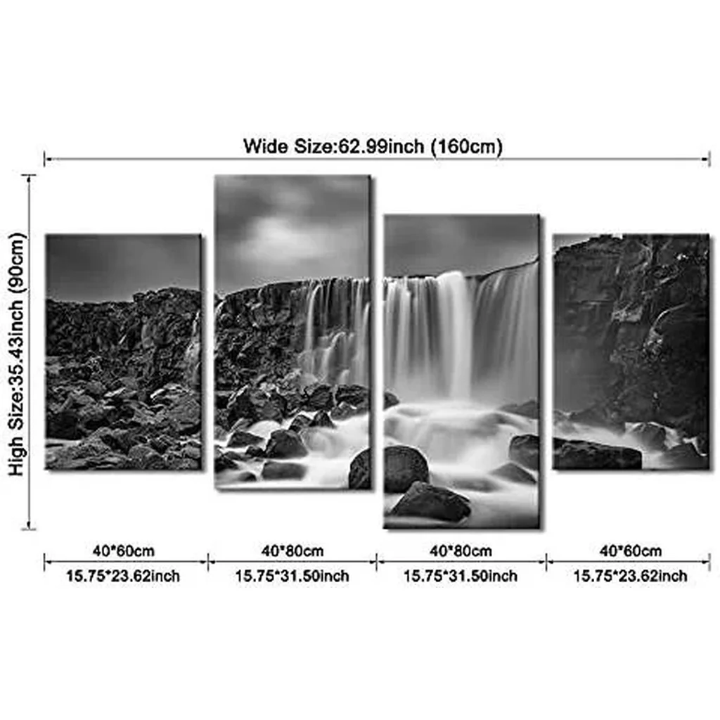 ALAYRA Waterfall Giclee Canvas Prints Wall Art Paintings for Home Decorations - Black and White Rocky Large 4 Piece Modern Gallery Wrapped Grace Seascape Sea Beach Pictures Artwork Ready to Hang L 01 - Image 4