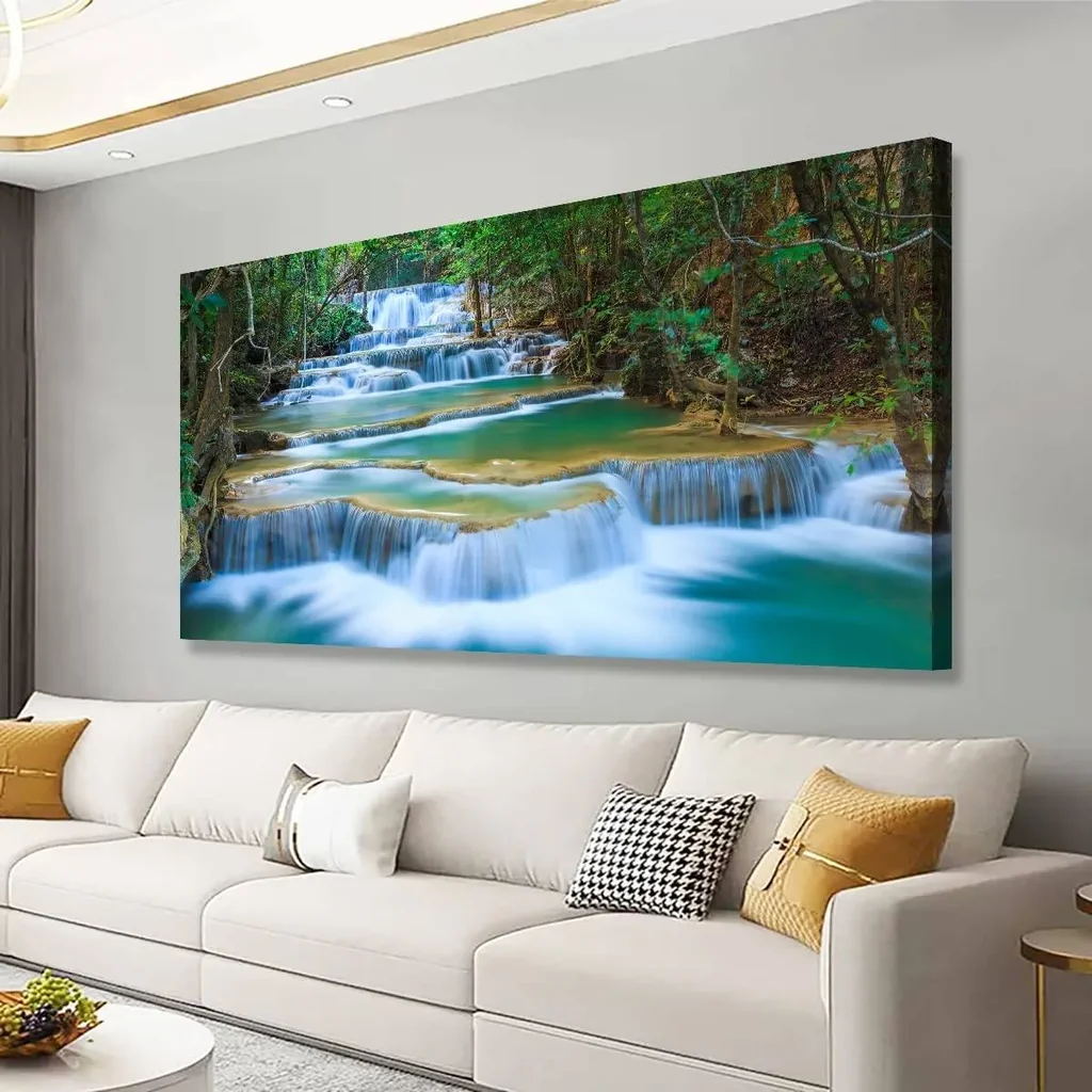 ALAYRA Waterfall Pictures Canvas Wall Art for Living room Bedroom Wall Decor, Green Water Wall Art Print Paitnings for home Decor, Morden Artwork Tree River Water Canvas Art Waterproof Stretched Ready