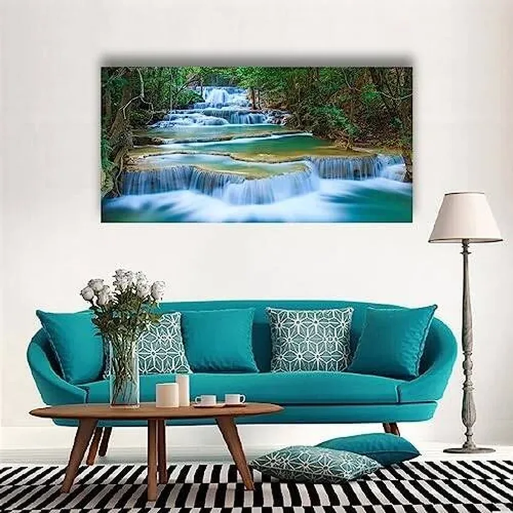 ALAYRA Waterfall Pictures Canvas Wall Art for Living room Bedroom Wall Decor, Green Water Wall Art Print Paitnings for home Decor, Morden Artwork Tree River Water Canvas Art Waterproof Stretched Ready - Image 2