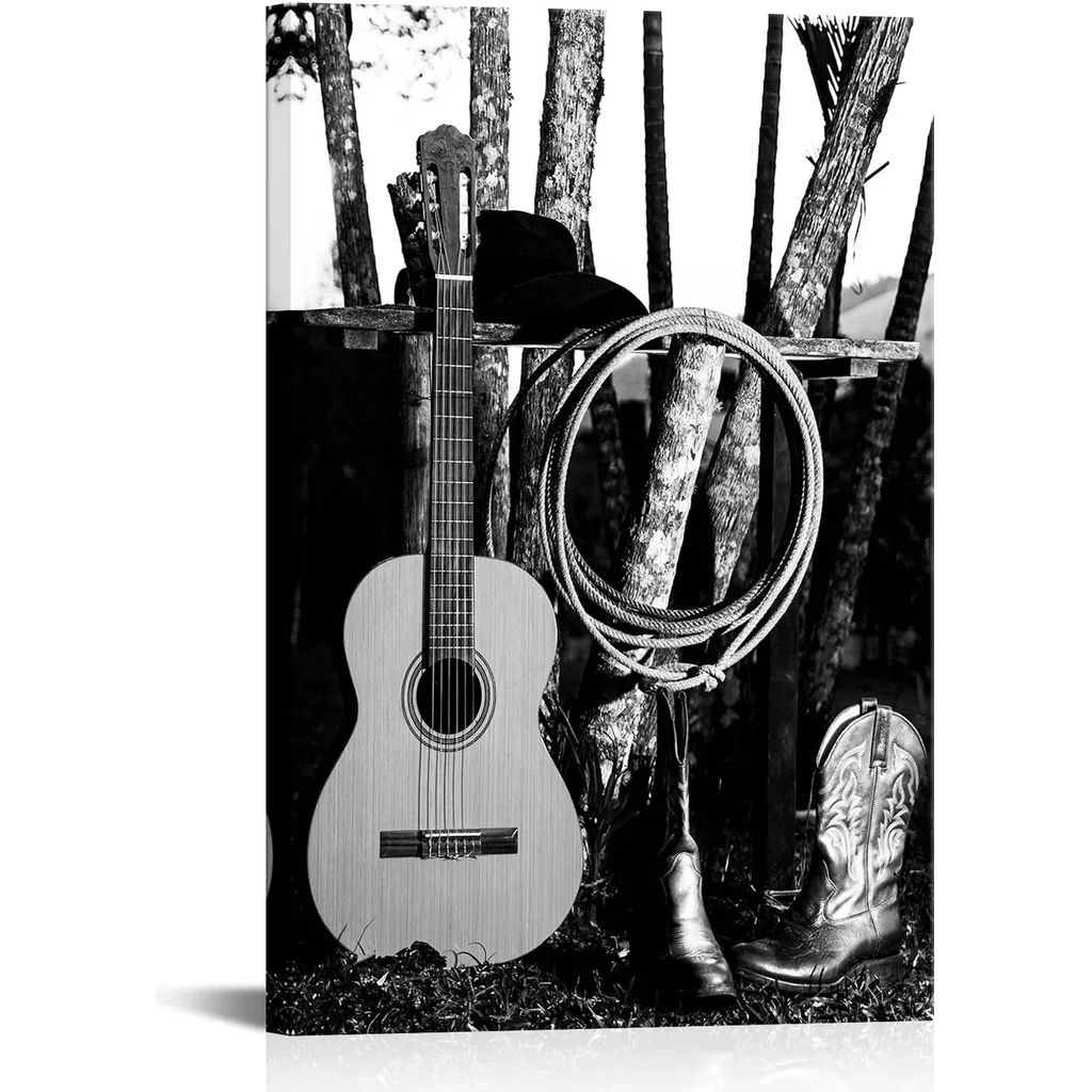 ALAYRA Western Cowboy Canvas Wall Art Poster American West Rodeo Cowboy Guitar Boot Picture Print Black and White Farmhouse Country Artwork Stretched for Home Office Decoration 24x36Inch 01