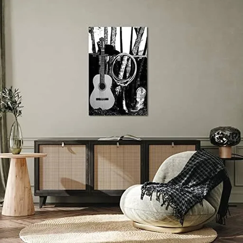 ALAYRA Western Cowboy Canvas Wall Art Poster American West Rodeo Cowboy Guitar Boot Picture Print Black and White Farmhouse Country Artwork Stretched for Home Office Decoration 24x36Inch 01 - Image 2