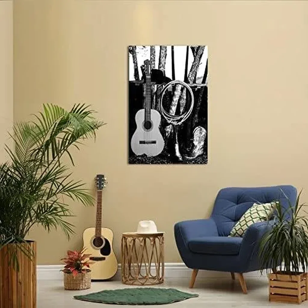 ALAYRA Western Cowboy Canvas Wall Art Poster American West Rodeo Cowboy Guitar Boot Picture Print Black and White Farmhouse Country Artwork Stretched for Home Office Decoration 24x36Inch 01 - Image 3