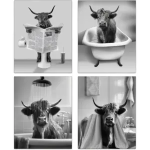 ALAYRA Western Highland Cow Wall Art Farmhouse Bathroom Decor, Retro Rustic Style Funny Bathroom Cow Canvas Posters for Bathroom Restroom Decoration, Highland Cow Bathroom Decor, Set of 4, (8"x10" Unf