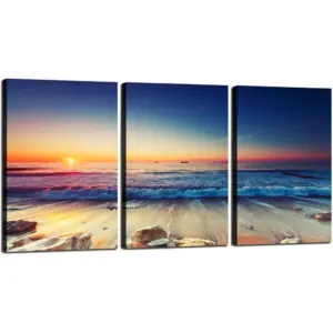 ALAYRA White Ocean Beach Sunrise Canvas Wall Art for Home Decor with Deep Blue Sky Beach Decor Painting Landscape on Canvas Print Pictures Ready to Hang Each Panel 12x16inch 3Panels 01