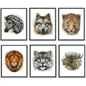 ALAYRA Wild Animal Wall Art Prints Poster Animal Wall Decor Set of 6 Wildlife Animal Wall Pictures for Living Room Home Office Decor 8"x10" UNFRAMED - Deer, Wolf, Snow Leopard, Lion Zebra and Jaguars