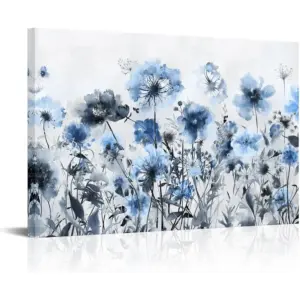 ALAYRA Wildflowers Canvas Wall Art Abstract Flower Painting Print on Canvas Neutral Beige Brown Living Room Bedroom Decorations (Blue) 01