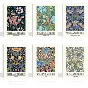 ALAYRA William Morris Framed Canvas Botanical Wall Art (Set of 6pcs, 12x16 inches), Vintage Flower Gallery Art Print Set, Aesthetic Exhibition Poster for Bedroom Living Room Bathroom 01