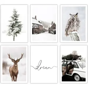 ALAYRA Winter Nature Wall Art Prints Set of 6 Christmas Poster for Room Decor Snowy Forest Scenery Posters 8"x10" Landscape Posters Wall Decor Unframed (Snowy town) 01