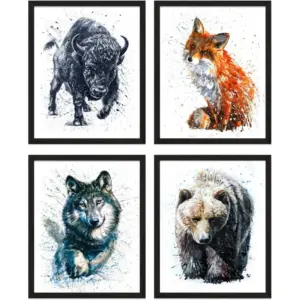ALAYRA Wolf Poster Fox Poster Bear Poster Bison Poster - Set of 4 (8x10") Animal Posters For Room Wolf Posters For Girls Room - Wolf Pictures Bison Wall Art Fox Art Bear Pictures Animal Prints - Unfra
