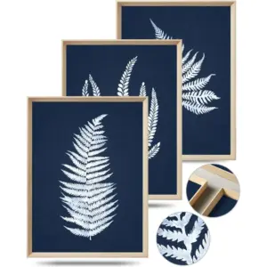 ALAYRA Wood Framed Wall Art, Minimalist 12x16in Botanical Wall Decor, Fern Plants Framed Prints, White Leafs Tropical Plants, Blue Naval Background High-Frame Process, Bedroom, Set of 3 01