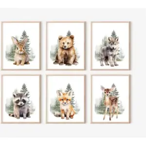 ALAYRA Woodland Animal Nursery Wall Art Decor Set of 6 Baby Boys Room Wall Art Forest Animal Canvas Wall Decor Kids Art Prints Bear Deer Fox Pictures Artwork for Bedroom 12x16 Inch Unframed 01