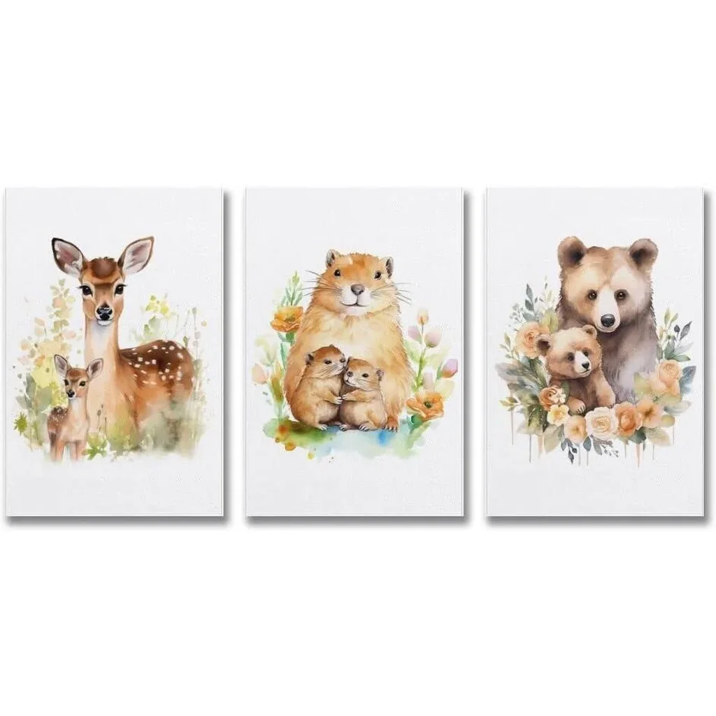 ALAYRA Woodland Animal Wall Art Jungle Wild Bear Fox Panda Poster 3 Pieces Kid Canvas Print Picture for Nursery Decor Baby Boy Girl Room (3-with mother, 3P-16x24inch-Unframe) 01