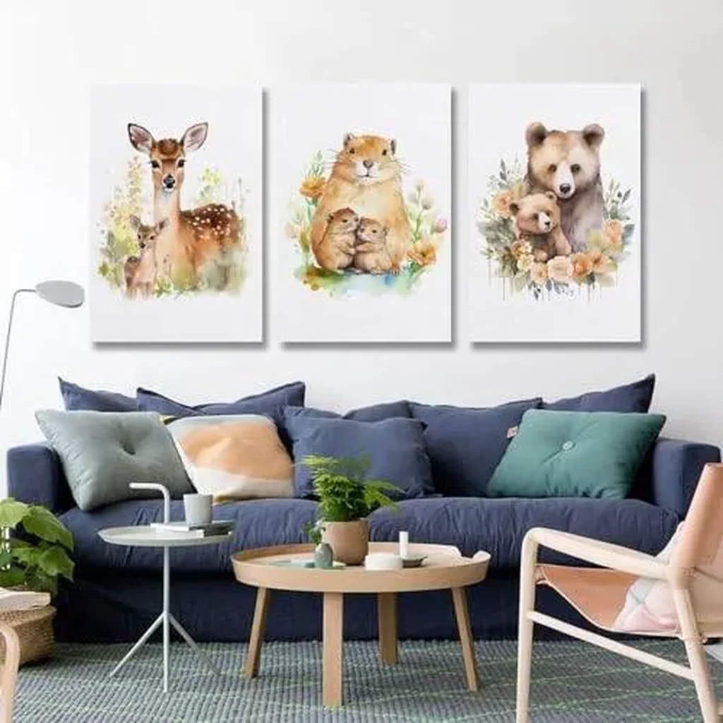 ALAYRA Woodland Animal Wall Art Jungle Wild Bear Fox Panda Poster 3 Pieces Kid Canvas Print Picture for Nursery Decor Baby Boy Girl Room (3-with mother, 3P-16x24inch-Unframe) 01 - Image 2