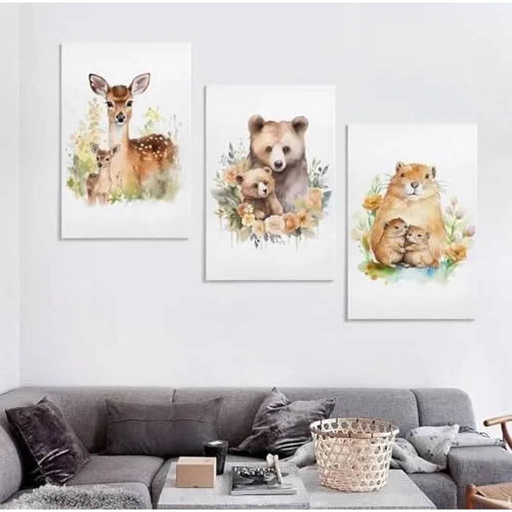 ALAYRA Woodland Animal Wall Art Jungle Wild Bear Fox Panda Poster 3 Pieces Kid Canvas Print Picture for Nursery Decor Baby Boy Girl Room (3-with mother, 3P-16x24inch-Unframe) 01 - Image 3