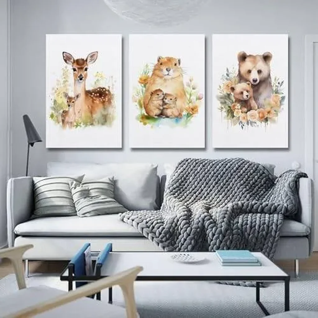 ALAYRA Woodland Animal Wall Art Jungle Wild Bear Fox Panda Poster 3 Pieces Kid Canvas Print Picture for Nursery Decor Baby Boy Girl Room (3-with mother, 3P-16x24inch-Unframe) 01 - Image 4